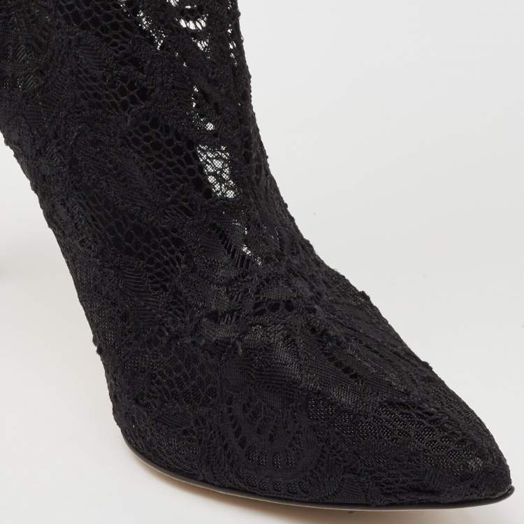 Pre Owned Dolce & Gabbana Black Lace and Mesh Knee Length Boots Size 37