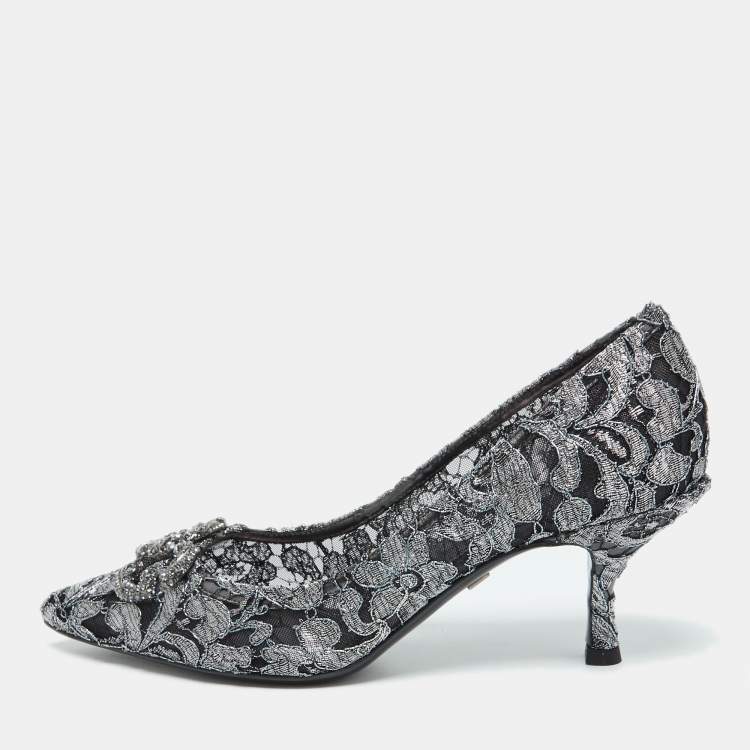 Pre Owned Dolce & Gabbana Silver/Black Lace DG Amore Crystal Embellished Pointed Toe Pumps Size 39