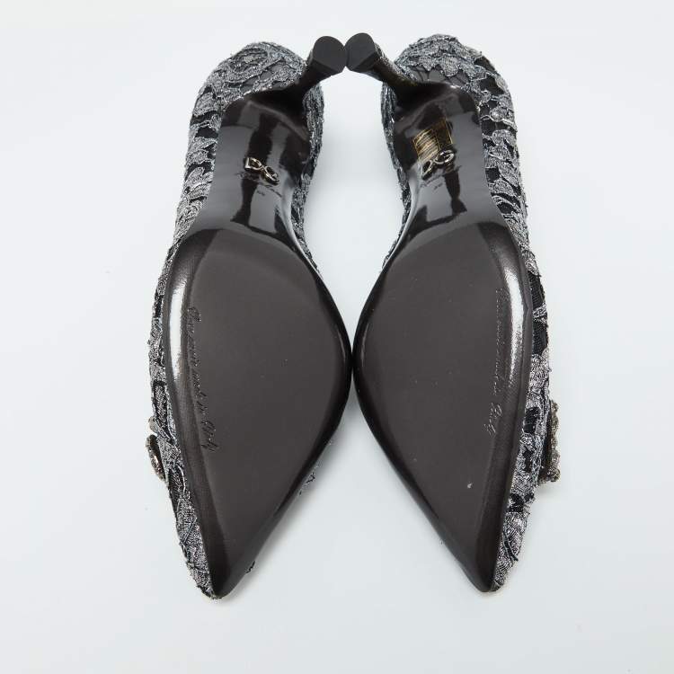Pre Owned Dolce & Gabbana Silver/Black Lace DG Amore Crystal Embellished Pointed Toe Pumps Size 39