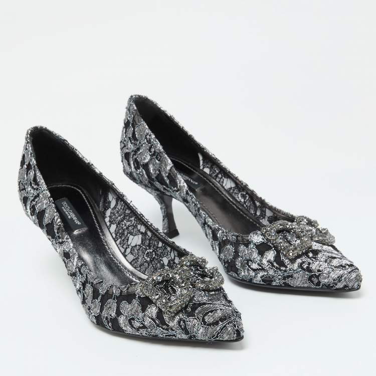 Pre Owned Dolce & Gabbana Silver/Black Lace DG Amore Crystal Embellished Pointed Toe Pumps Size 39