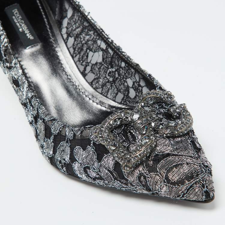 Pre Owned Dolce & Gabbana Silver/Black Lace DG Amore Crystal Embellished Pointed Toe Pumps Size 39