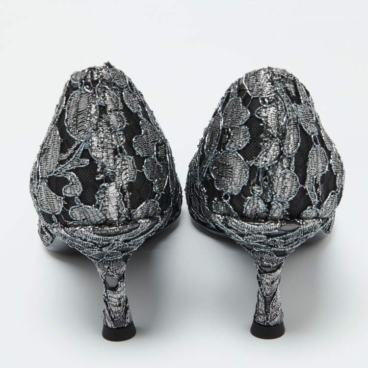 Pre Owned Dolce & Gabbana Silver/Black Lace DG Amore Crystal Embellished Pointed Toe Pumps Size 39