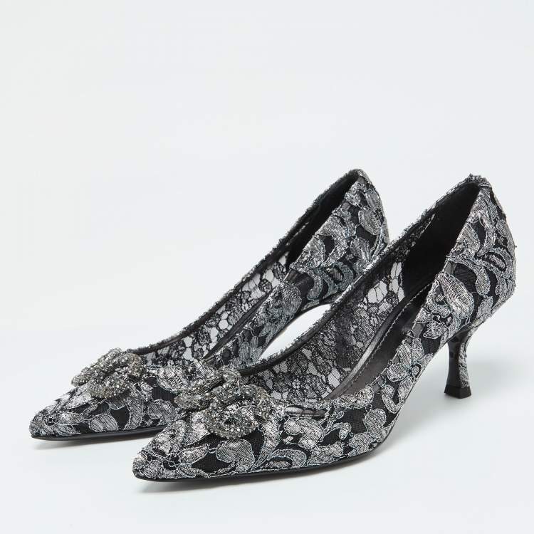 Pre Owned Dolce & Gabbana Silver/Black Lace DG Amore Crystal Embellished Pointed Toe Pumps Size 39