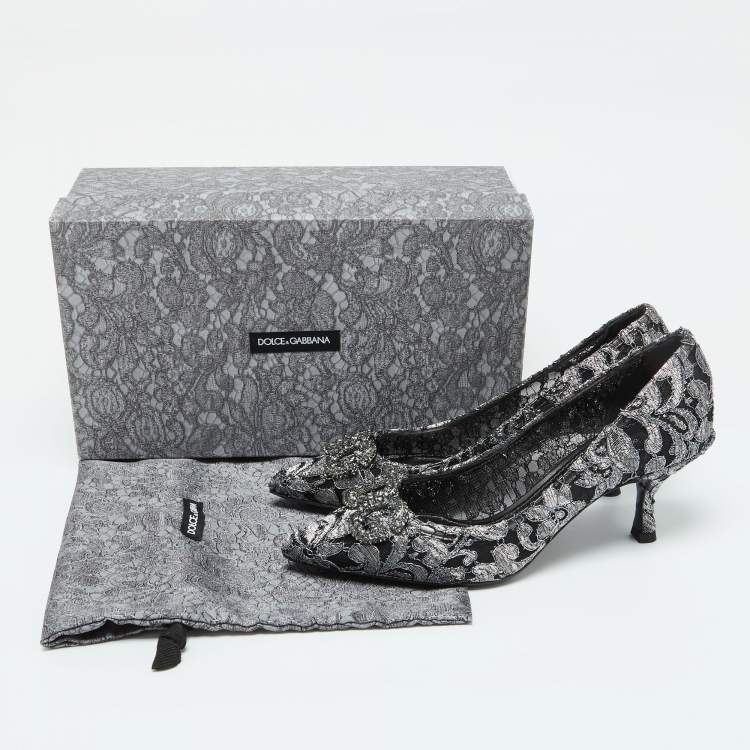 Pre Owned Dolce & Gabbana Silver/Black Lace DG Amore Crystal Embellished Pointed Toe Pumps Size 39