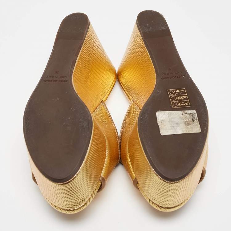 Pre Owned Dolce & Gabbana Gold Lizard Embossed Leather Wedge Sandals Size 36