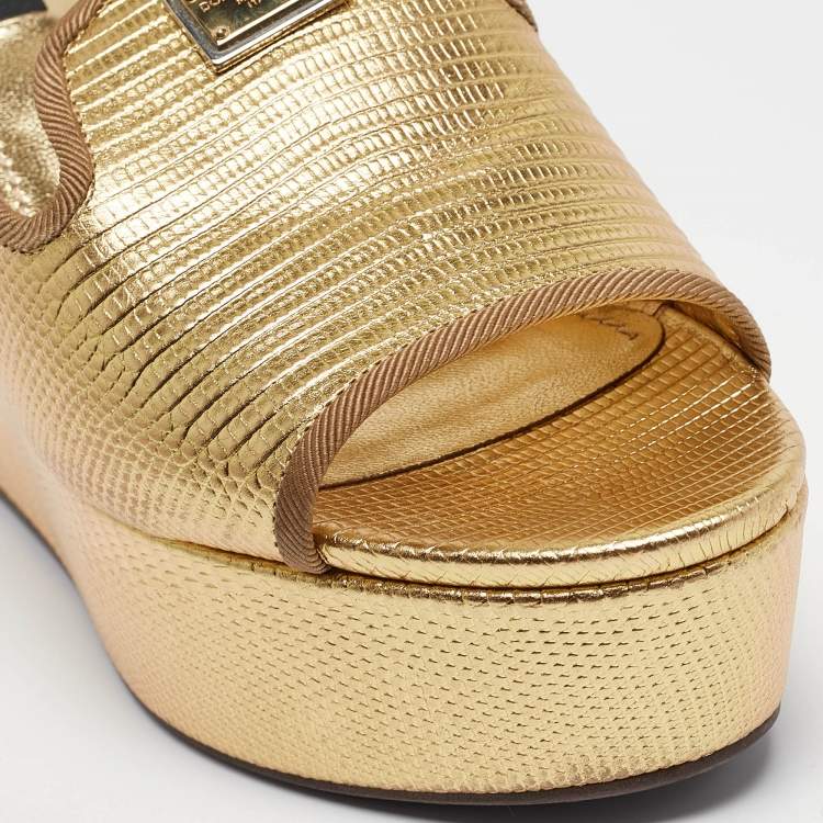 Pre Owned Dolce & Gabbana Gold Lizard Embossed Leather Wedge Sandals Size 36
