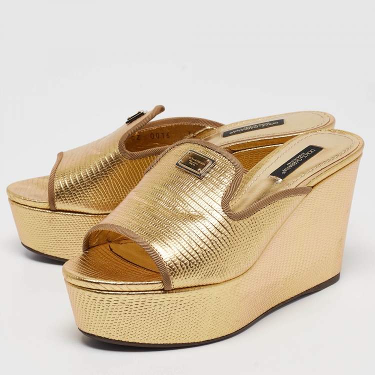 Pre Owned Dolce & Gabbana Gold Lizard Embossed Leather Wedge Sandals Size 36