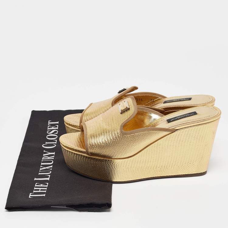 Pre Owned Dolce & Gabbana Gold Lizard Embossed Leather Wedge Sandals Size 36