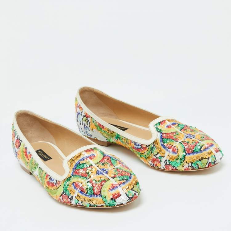 Pre Owned Dolce & Gabbana Multicolor Sequins and Croc Embossed Leather Smoking Slippers Size 37