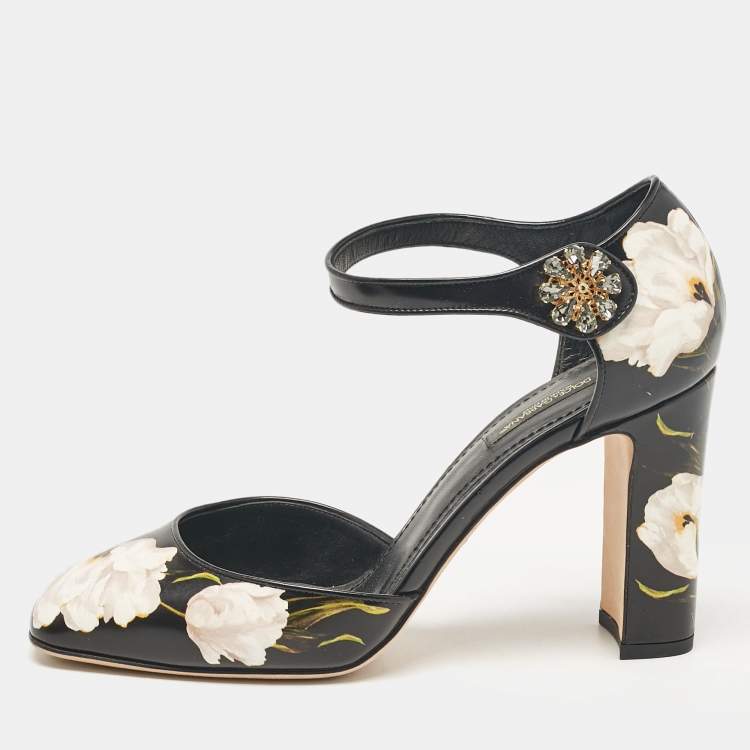 مملوكة مسبقًا Dolce & Gabbana Black Floral Print Leather Ankle Strap Pumps Size 39