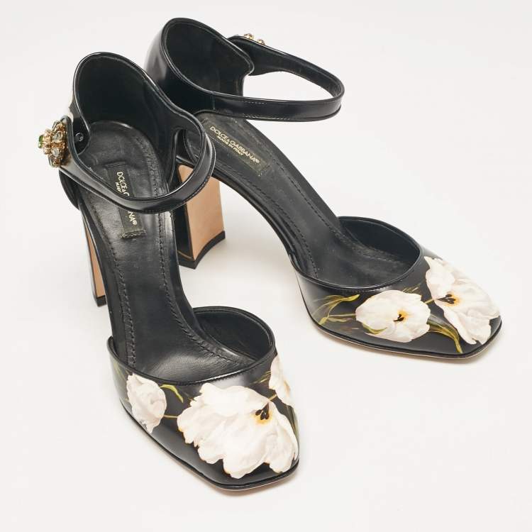 مملوكة مسبقًا Dolce & Gabbana Black Floral Print Leather Ankle Strap Pumps Size 39