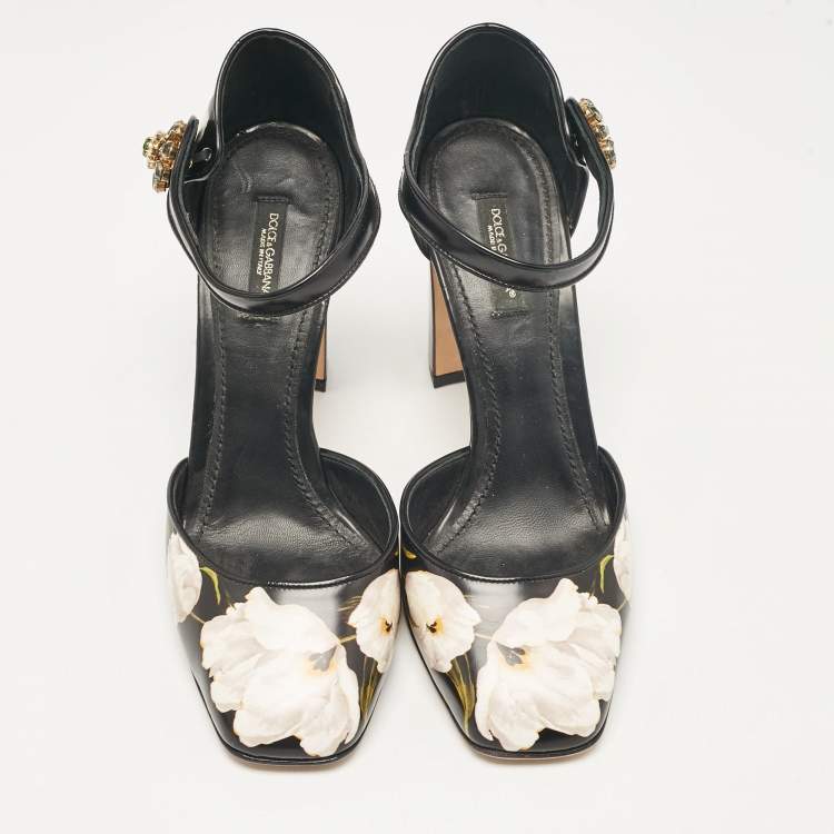 مملوكة مسبقًا Dolce & Gabbana Black Floral Print Leather Ankle Strap Pumps Size 39