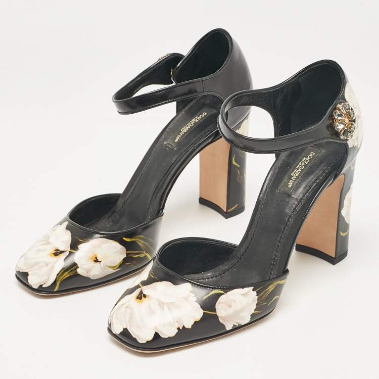 مملوكة مسبقًا Dolce & Gabbana Black Floral Print Leather Ankle Strap Pumps Size 39
