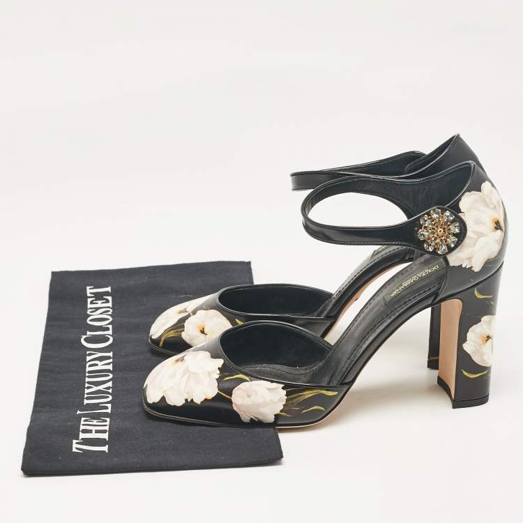 مملوكة مسبقًا Dolce & Gabbana Black Floral Print Leather Ankle Strap Pumps Size 39