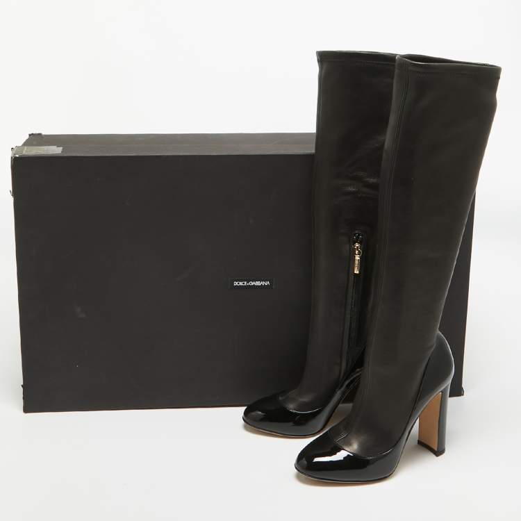 Pre Owned Dolce & Gabbana Black Patent and Leather Knee Length Boots Size 38.5