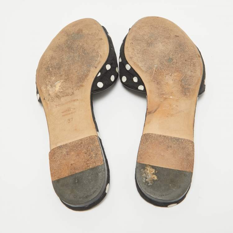 Pre Owned Dolce & Gabbana Black Polka Dot Canvas Bianca Flat Slides Size 37