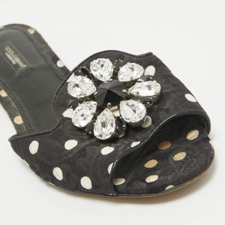 Pre Owned Dolce & Gabbana Black Polka Dot Canvas Bianca Flat Slides Size 37