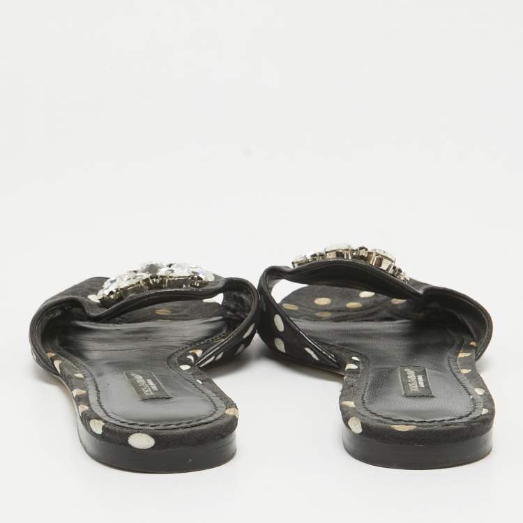 Pre Owned Dolce & Gabbana Black Polka Dot Canvas Bianca Flat Slides Size 37