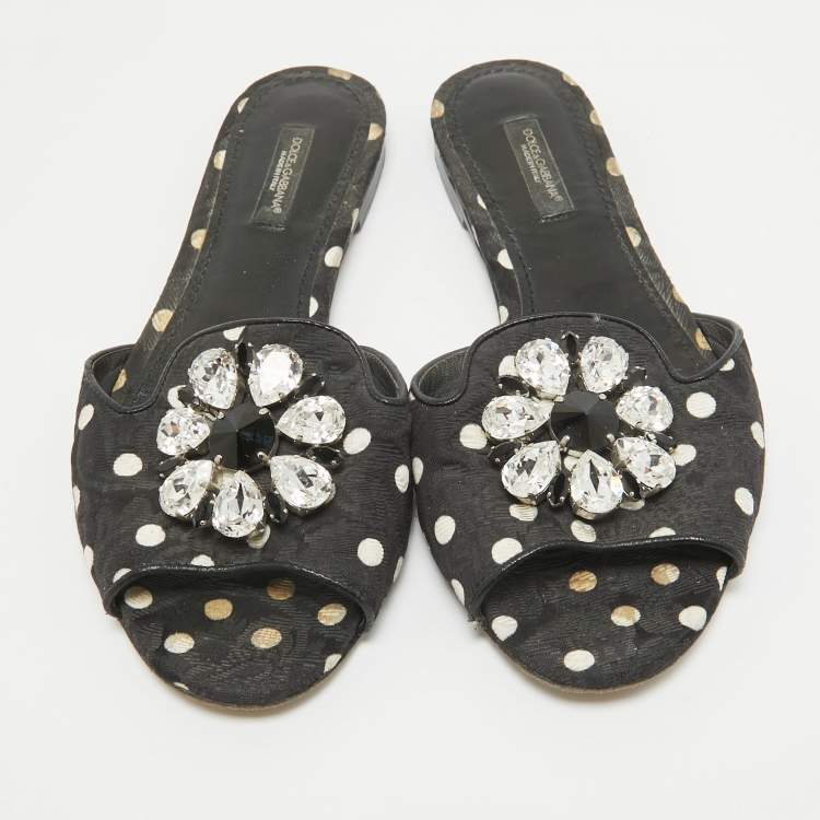 Pre Owned Dolce & Gabbana Black Polka Dot Canvas Bianca Flat Slides Size 37