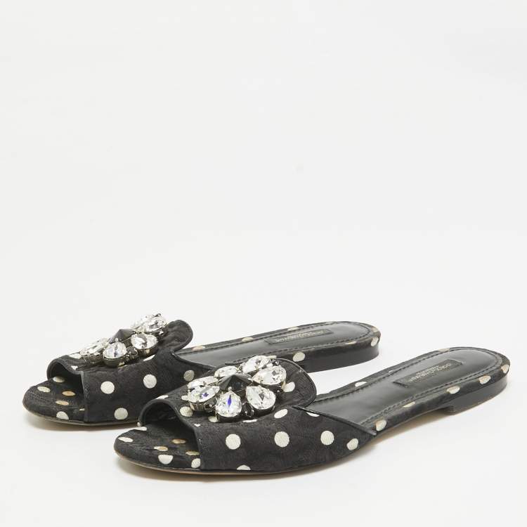 Pre Owned Dolce & Gabbana Black Polka Dot Canvas Bianca Flat Slides Size 37