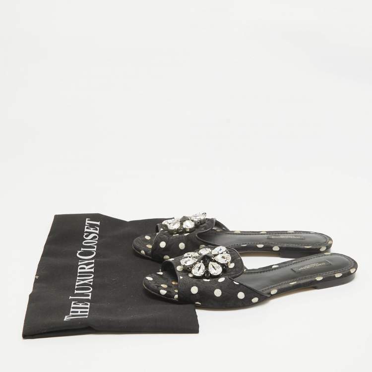 Pre Owned Dolce & Gabbana Black Polka Dot Canvas Bianca Flat Slides Size 37