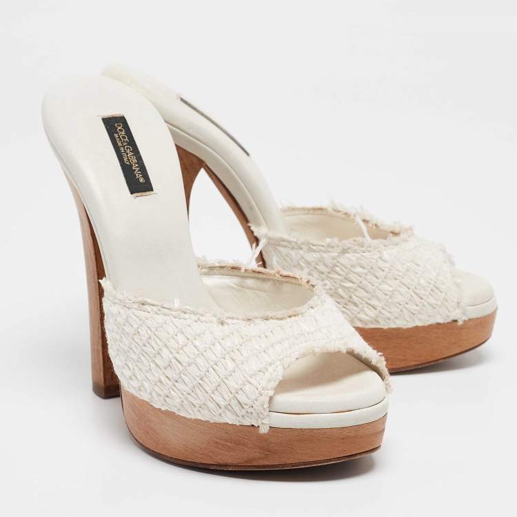 Pre Owned Dolce & Gabbana White Raffia Platform Slide Sandals Size 36
