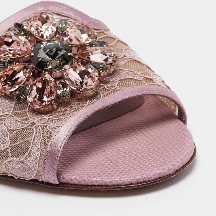 مملوكة مسبقًا Dolce & Gabbana Purple Lace Crystal Embellished Flat Slides Size 39