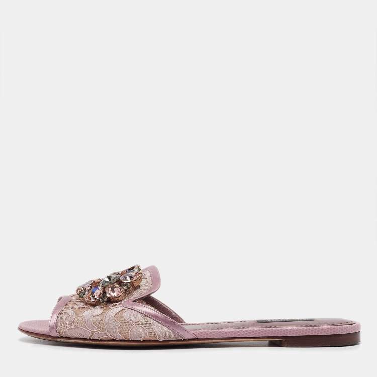مملوكة مسبقًا Dolce & Gabbana Purple Lace Crystal Embellished Flat Slides Size 39