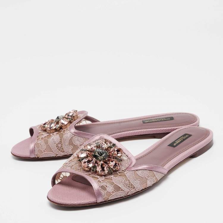 مملوكة مسبقًا Dolce & Gabbana Purple Lace Crystal Embellished Flat Slides Size 39