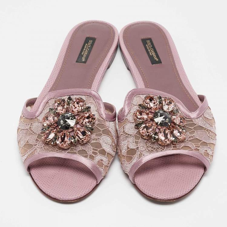 مملوكة مسبقًا Dolce & Gabbana Purple Lace Crystal Embellished Flat Slides Size 39