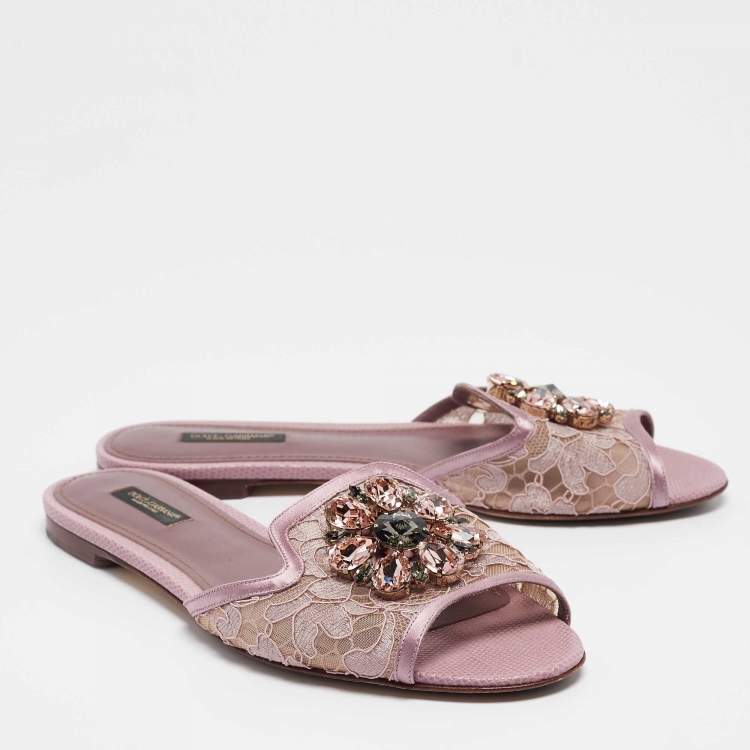 مملوكة مسبقًا Dolce & Gabbana Purple Lace Crystal Embellished Flat Slides Size 39