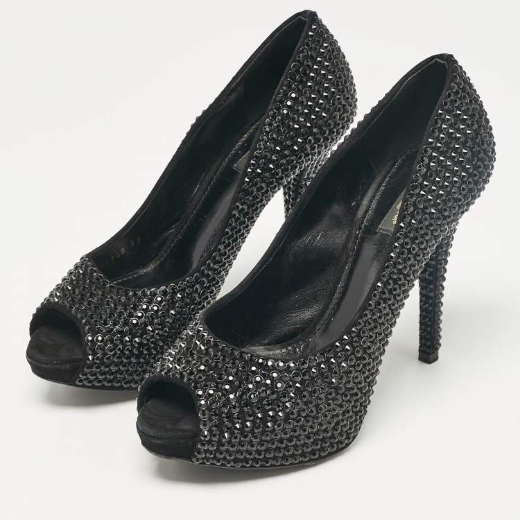 Pre Owned Dolce & Gabbana Black Suede Crystal Embellished Peep Toe Pumps Size 39
