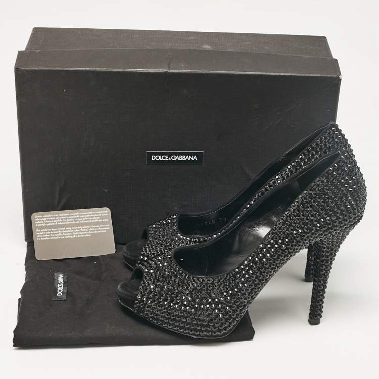 Pre Owned Dolce & Gabbana Black Suede Crystal Embellished Peep Toe Pumps Size 39