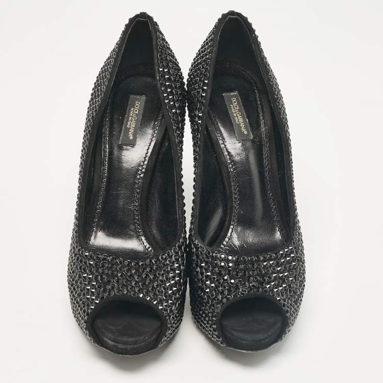 Pre Owned Dolce & Gabbana Black Suede Crystal Embellished Peep Toe Pumps Size 39