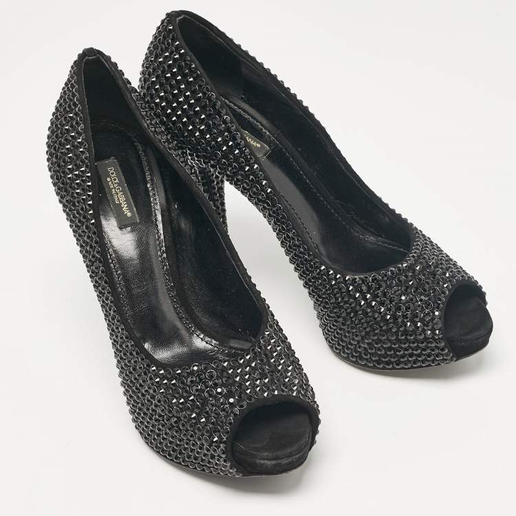 Pre Owned Dolce & Gabbana Black Suede Crystal Embellished Peep Toe Pumps Size 39