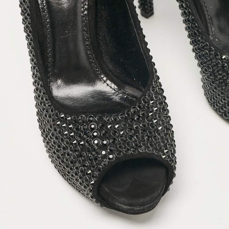 Pre Owned Dolce & Gabbana Black Suede Crystal Embellished Peep Toe Pumps Size 39