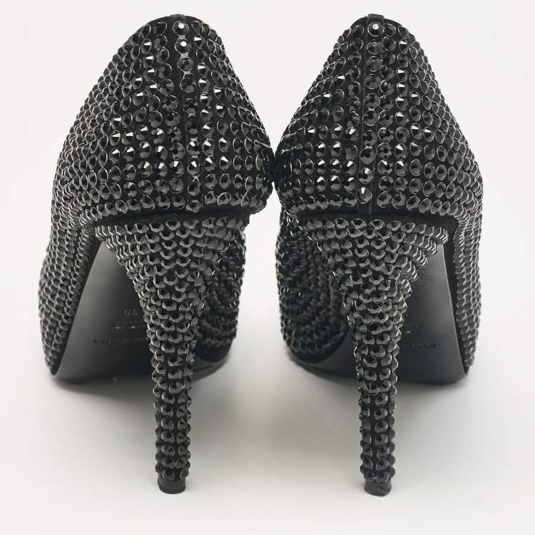 Pre Owned Dolce & Gabbana Black Suede Crystal Embellished Peep Toe Pumps Size 39