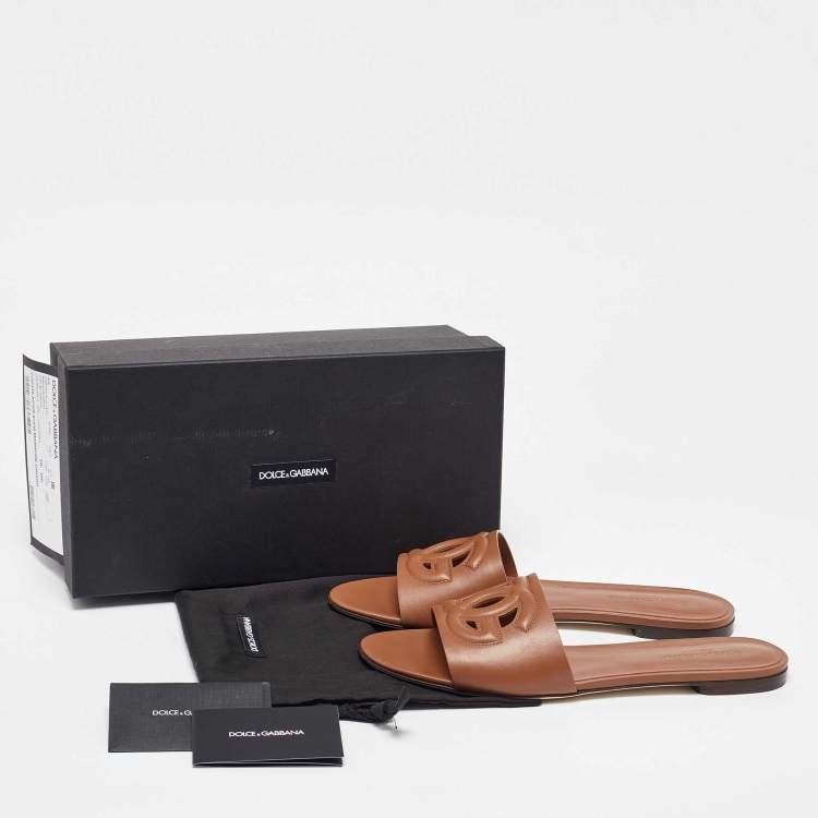 Pre Owned Dolce & Gabbana Brown Leather DG Millennials Flat Sandals Size 42