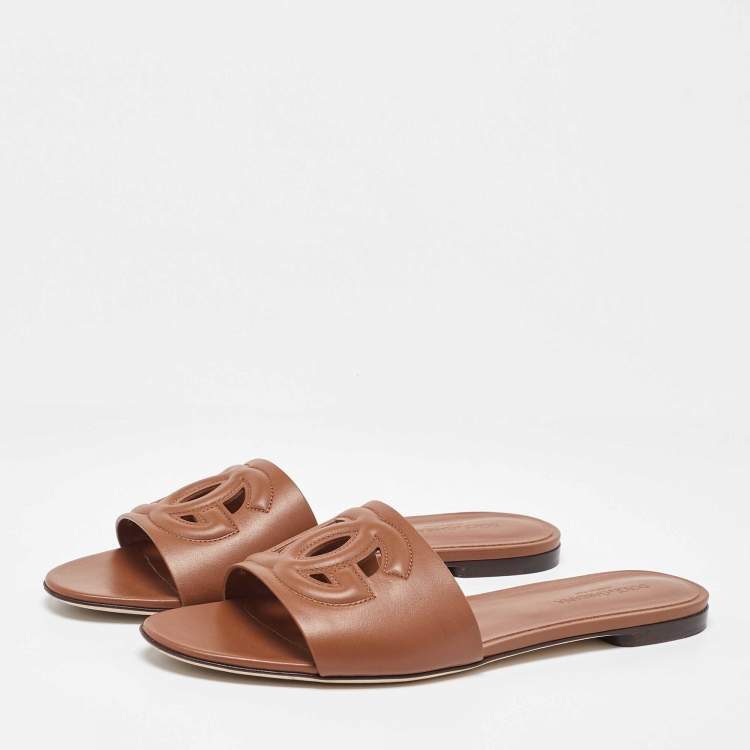 Pre Owned Dolce & Gabbana Brown Leather DG Millennials Flat Sandals Size 42