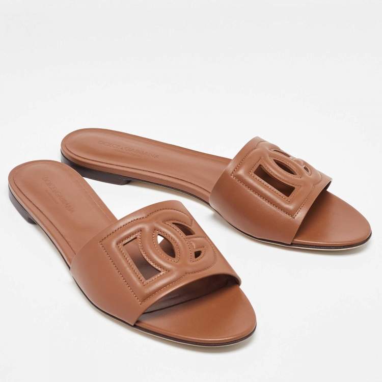 Pre Owned Dolce & Gabbana Brown Leather DG Millennials Flat Sandals Size 42