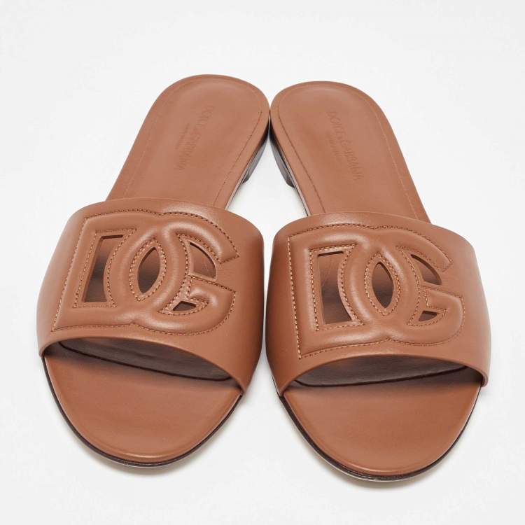 Pre Owned Dolce & Gabbana Brown Leather DG Millennials Flat Sandals Size 42