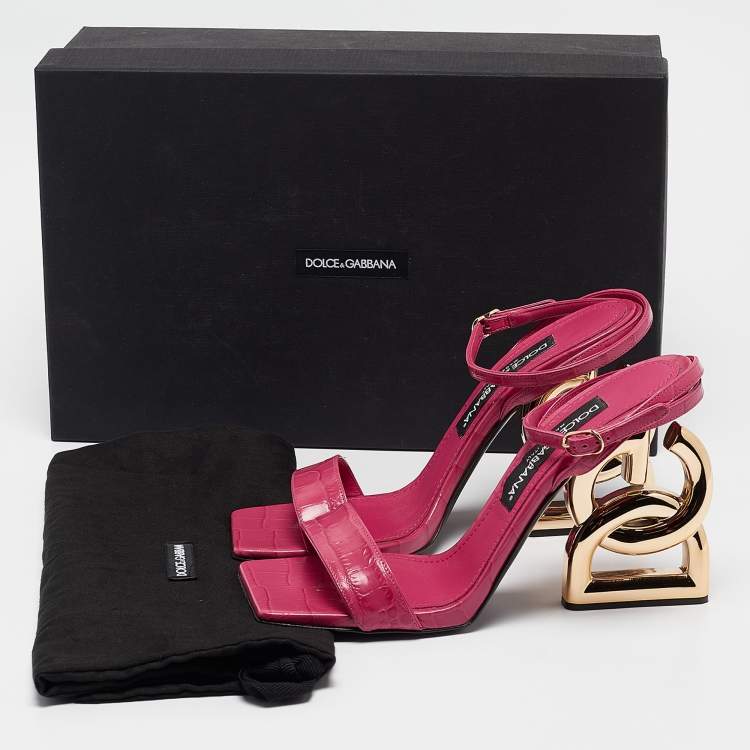 Pre Owned Dolce & Gabbana Pink Croc Embossed Leather Ankle Strap Sandals Size 38