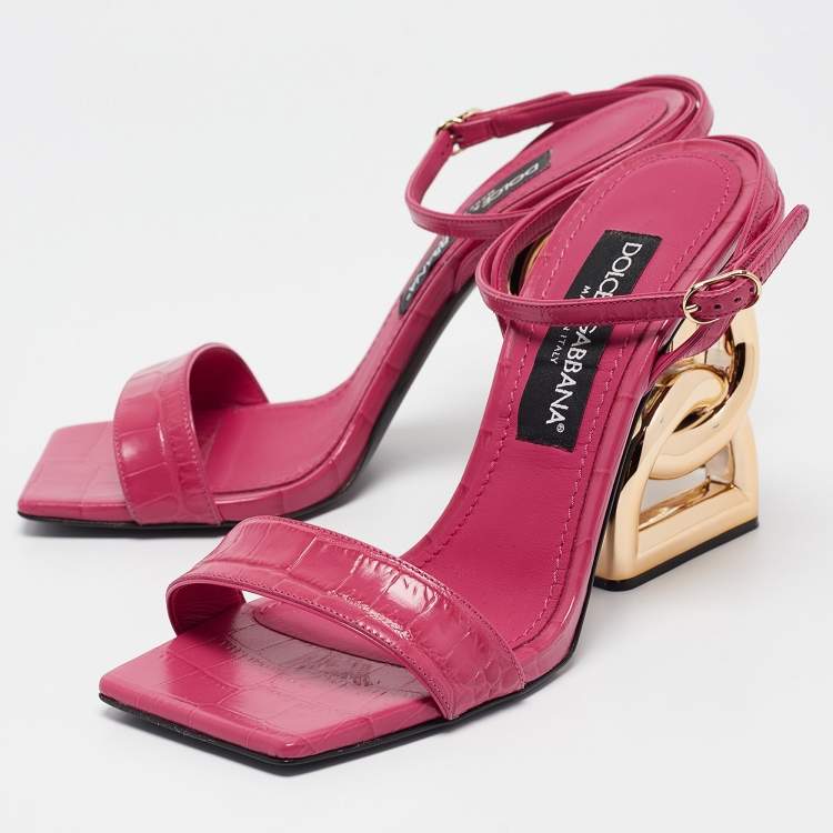 Pre Owned Dolce & Gabbana Pink Croc Embossed Leather Ankle Strap Sandals Size 38