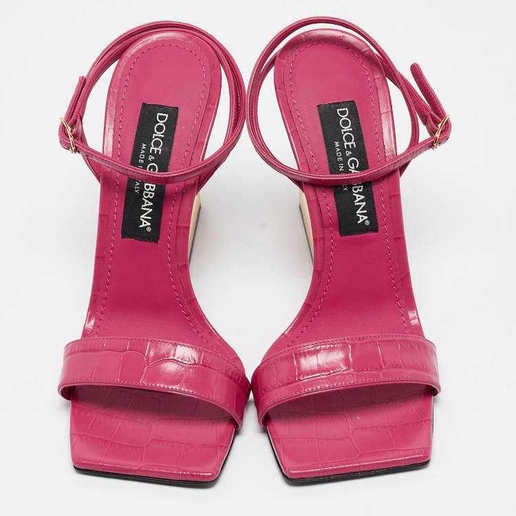 Pre Owned Dolce & Gabbana Pink Croc Embossed Leather Ankle Strap Sandals Size 38
