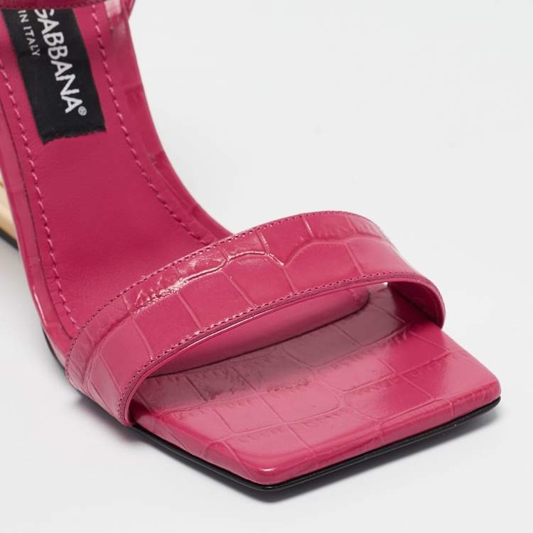 Pre Owned Dolce & Gabbana Pink Croc Embossed Leather Ankle Strap Sandals Size 38