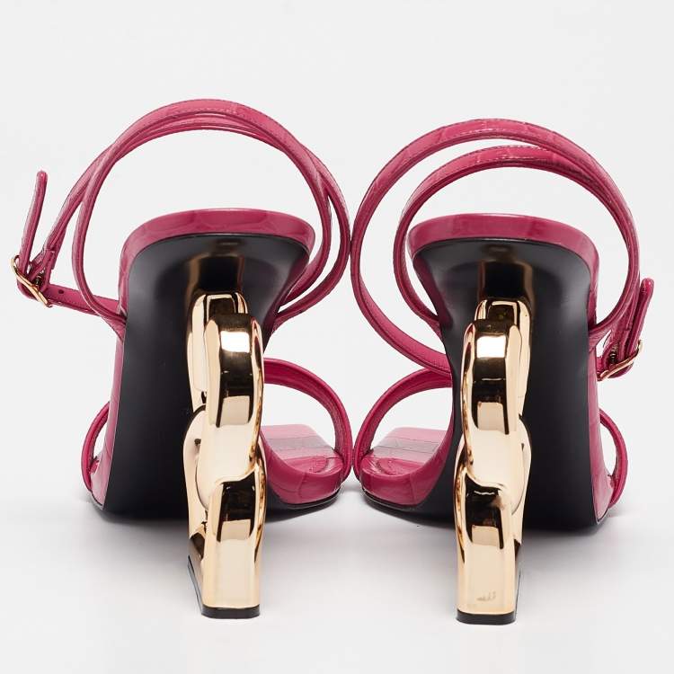 Pre Owned Dolce & Gabbana Pink Croc Embossed Leather Ankle Strap Sandals Size 38