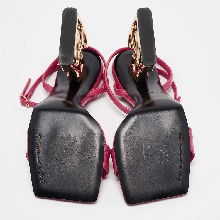 Pre Owned Dolce & Gabbana Pink Croc Embossed Leather Ankle Strap Sandals Size 38