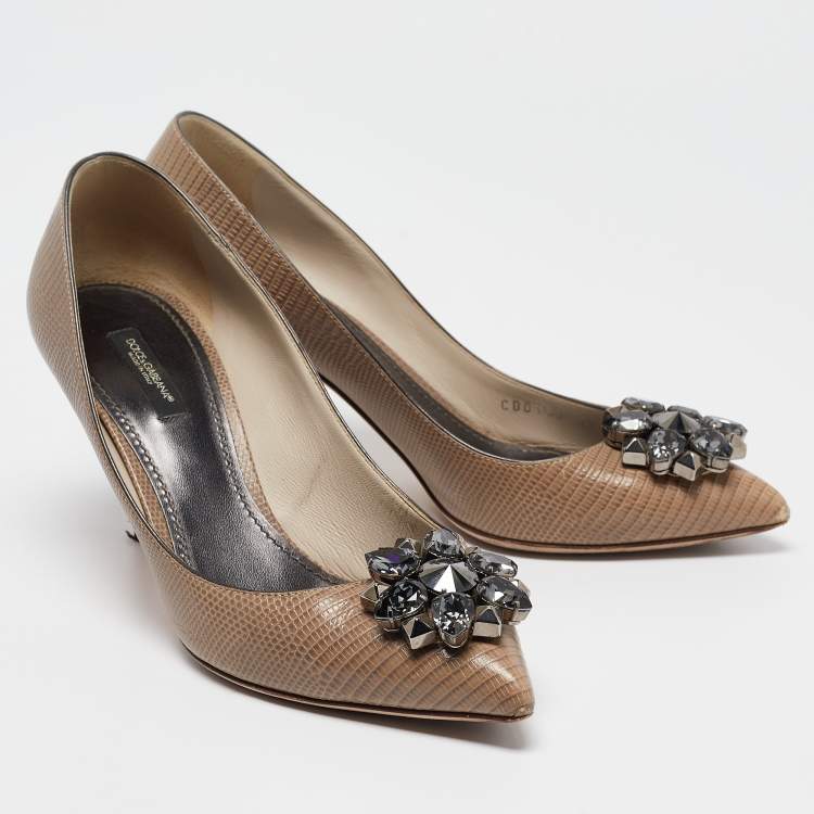 Pre Owned Dolce & Gabbana Beige Lizard Embossed Leather Bellucci Crystals Pumps Size 39.5