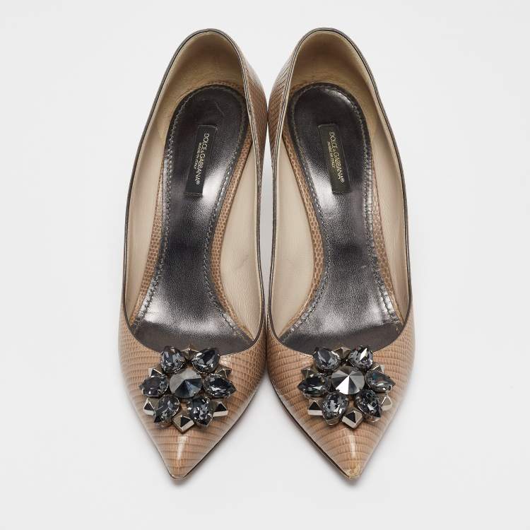 Pre Owned Dolce & Gabbana Beige Lizard Embossed Leather Bellucci Crystals Pumps Size 39.5