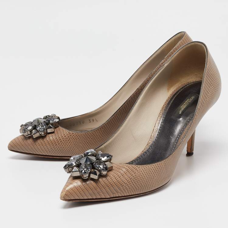 Pre Owned Dolce & Gabbana Beige Lizard Embossed Leather Bellucci Crystals Pumps Size 39.5